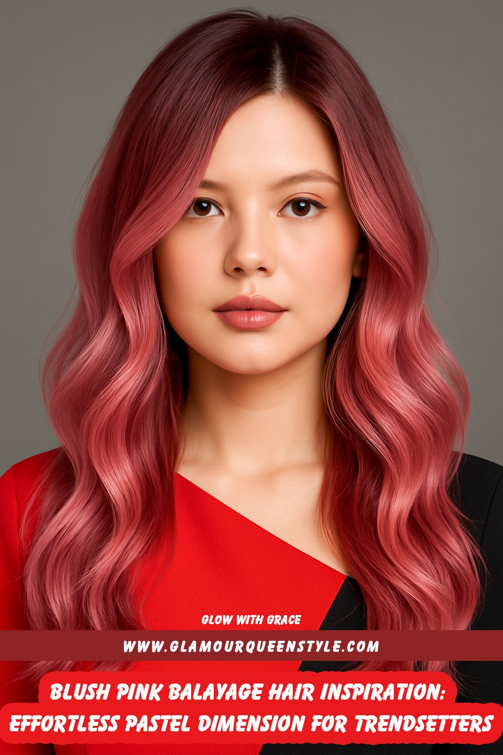Woman wearing blush pink balayage styled in loose waves; soft pastel hues melt into natural roots, paired with glowy makeup and minimalist fashion.