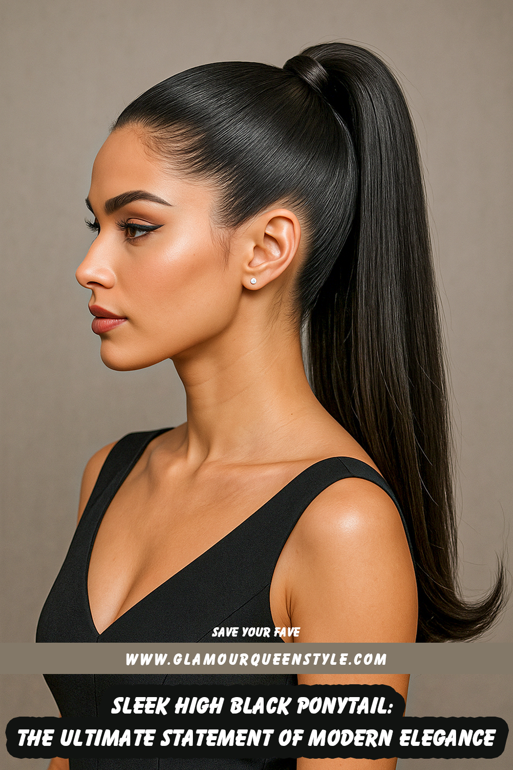 Woman showcasing a sleek high black ponytail styled at the crown, emphasizing facial features and paired with sophisticated makeup and coordinated outfit for an elegant appearance.
