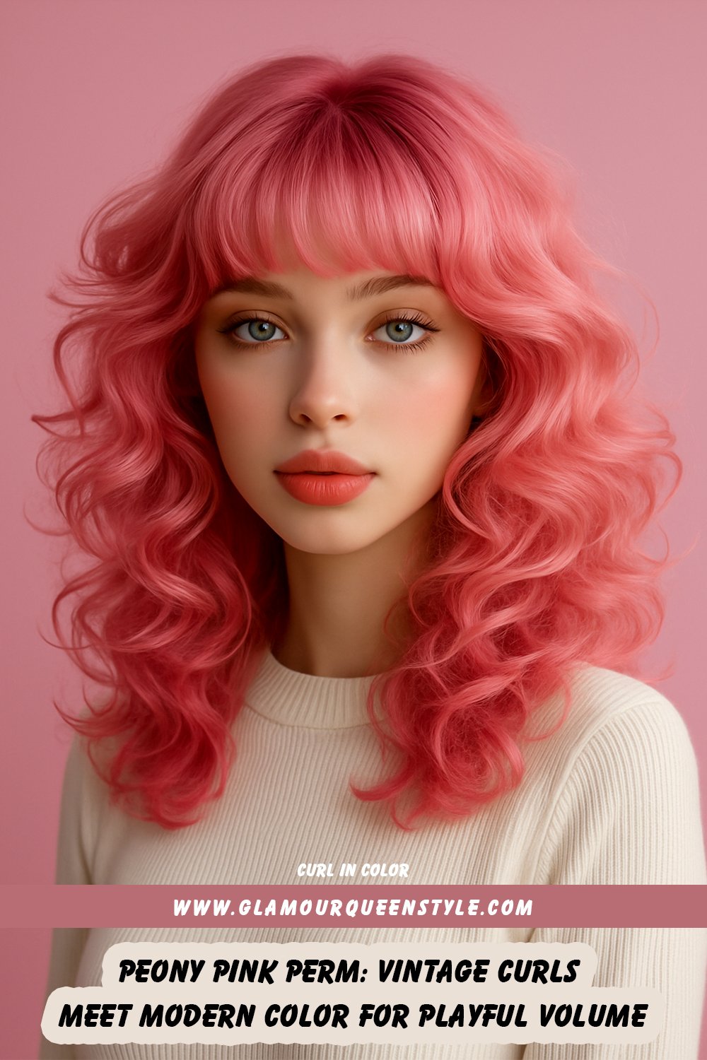 Person wearing voluminous peony pink permed hair styled into romantic curls; paired effortlessly with either denim or bohemian fashion elements.