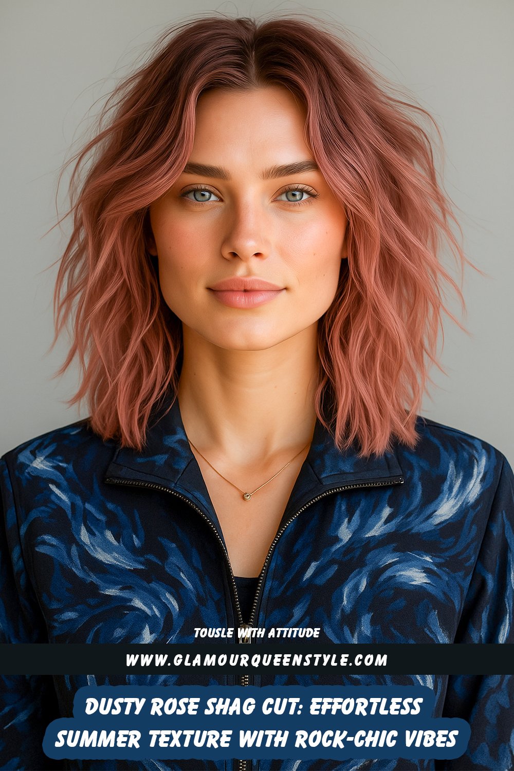 Beauty headshot of an adult North American or European woman wearing a tousled dusty rose shag haircut; styled with subtle smoky makeup and casual vintage clothing.
