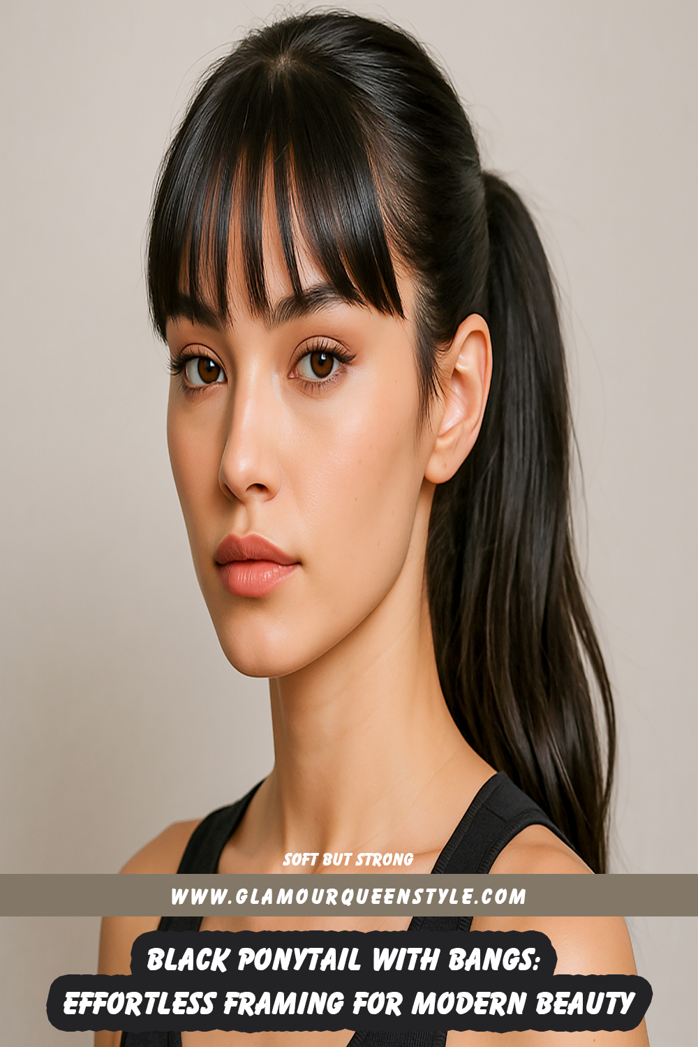 Woman styled in a glossy black ponytail combined with full bangs that frame her face beautifully; makeup is refined and outfit coordinates seamlessly for contemporary allure.