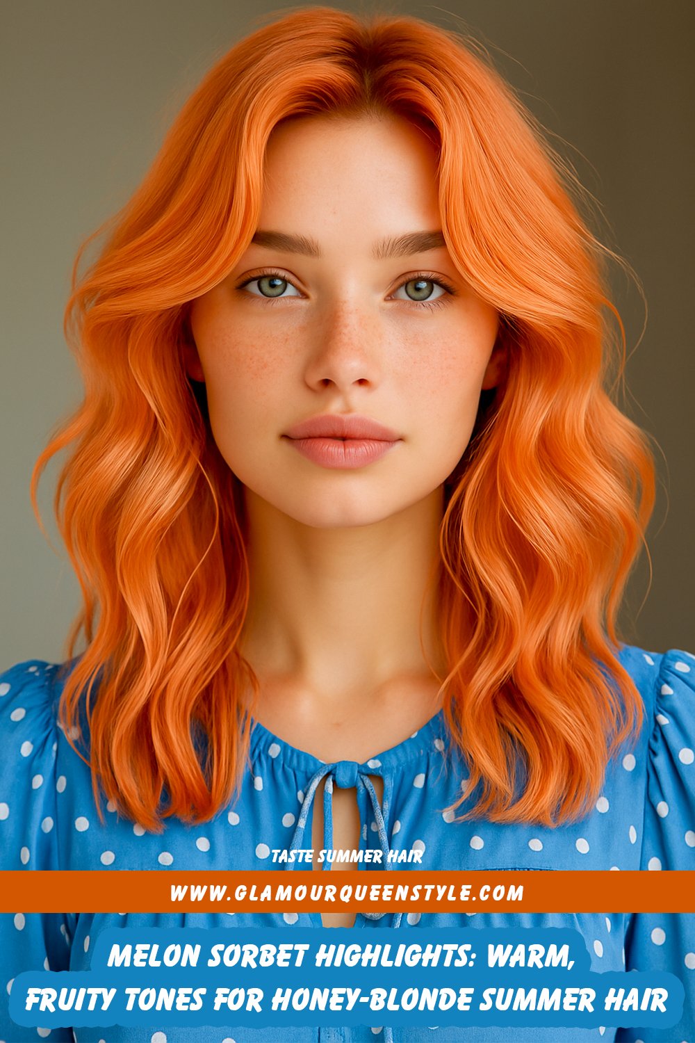 Person with honey-blonde hair accented by soft melon sorbet orange-pink highlights; styled in either relaxed beach waves or sleek straight fashion paired with light summer clothing.