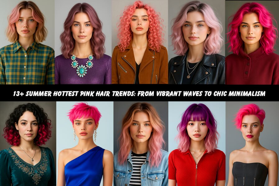 Group of stylish women on a sunny rooftop wearing various trendy pink hairstyles including hot pink waves, pastel bobs, neon highlights, rose gold ombre curls, and bubblegum pixie cuts against an urban backdrop.