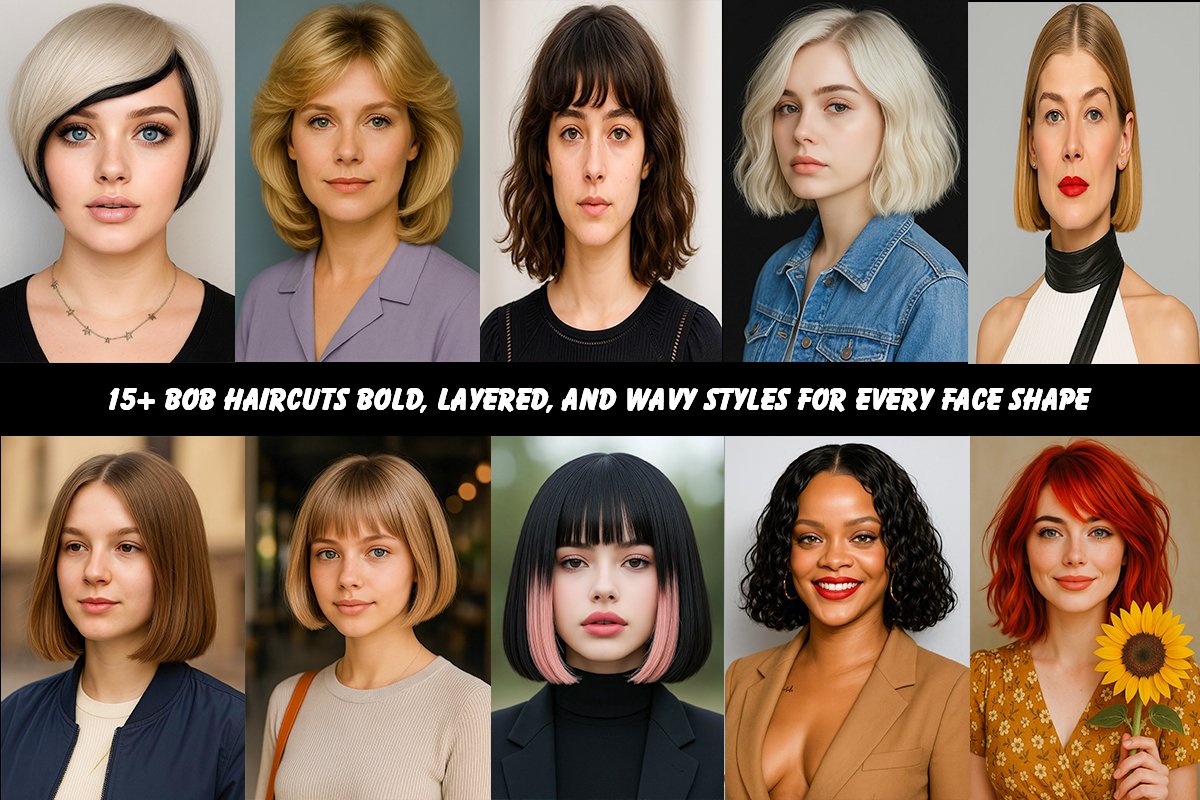 Chic bob haircut with bold layers and soft waves, flattering for all face shapes from the “15+ Bob Haircuts” collection