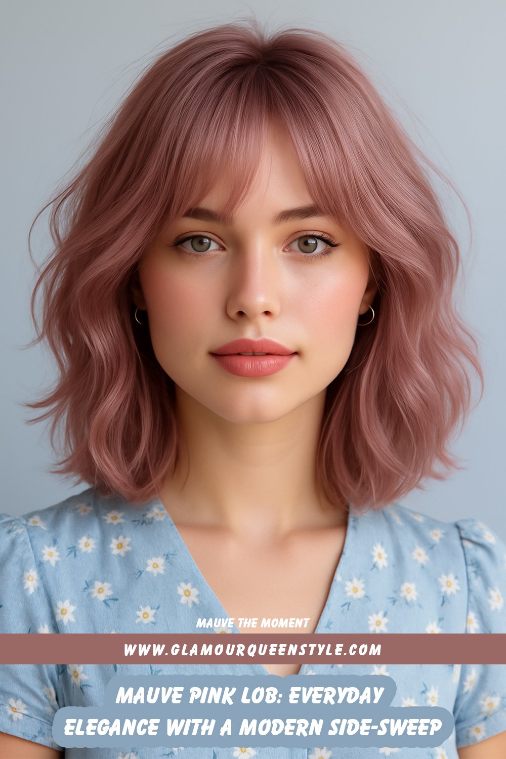 Person wearing a mauve pink lob haircut swept to the side; styled straight or lightly textured, paired with understated makeup and simple jewelry.