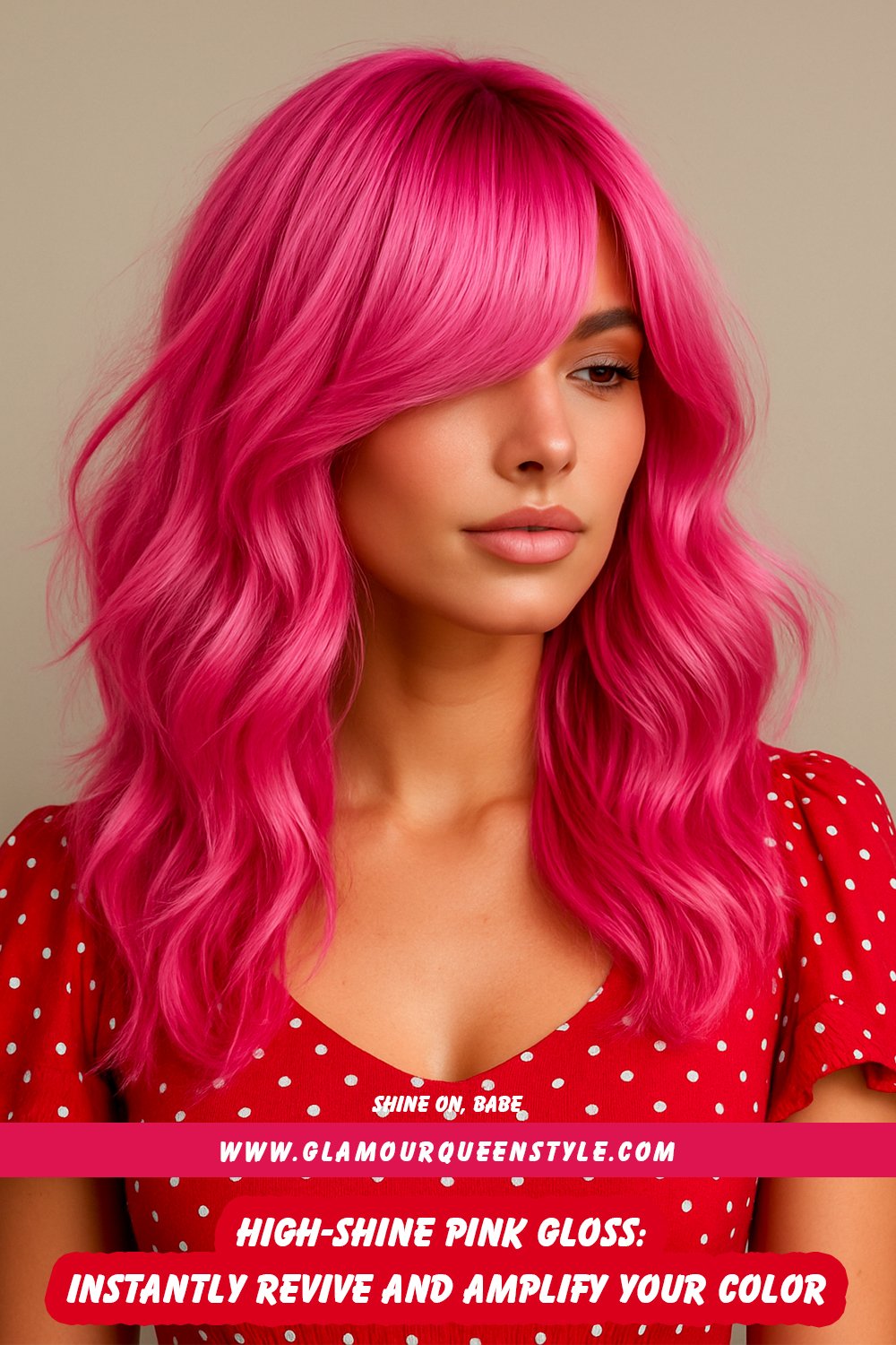 Person showcasing vibrant pink hair treated with high-shine gloss; styled either sleek straight or softly waved alongside fresh makeup and statement jewelry.