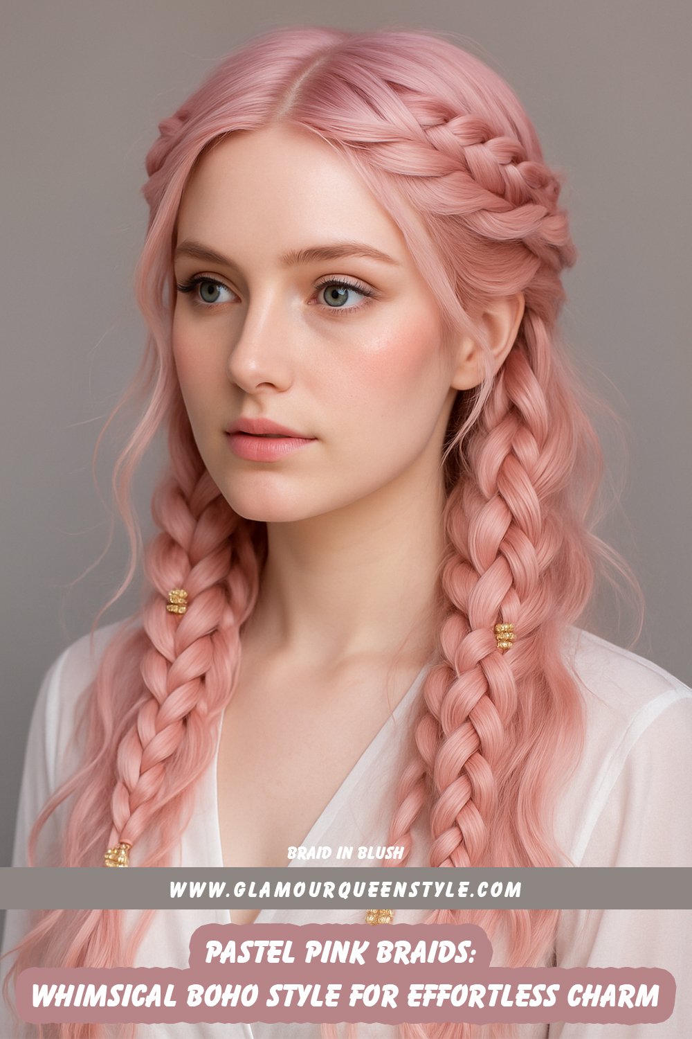Person wearing multiple types of pastel pink braids—such as three-strand plaits, fishtail or box braids—accented with metallic accessories or floral hair clips.