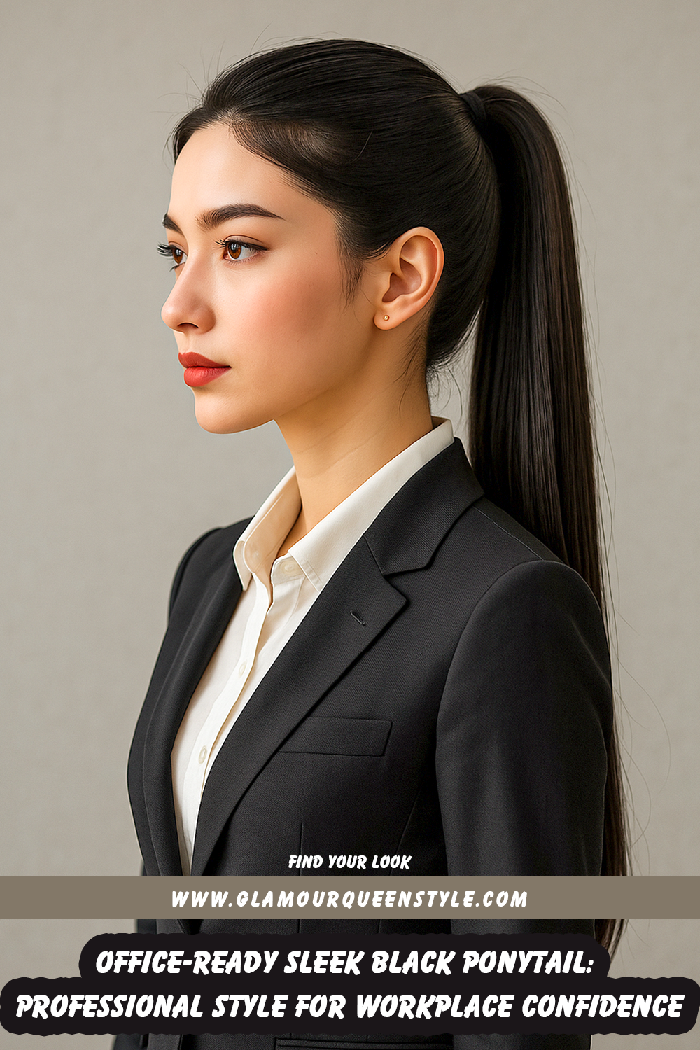 Woman wearing a perfectly sleek black ponytail styled at mid-level; her makeup is understated yet refined and matched with elegant professional attire.