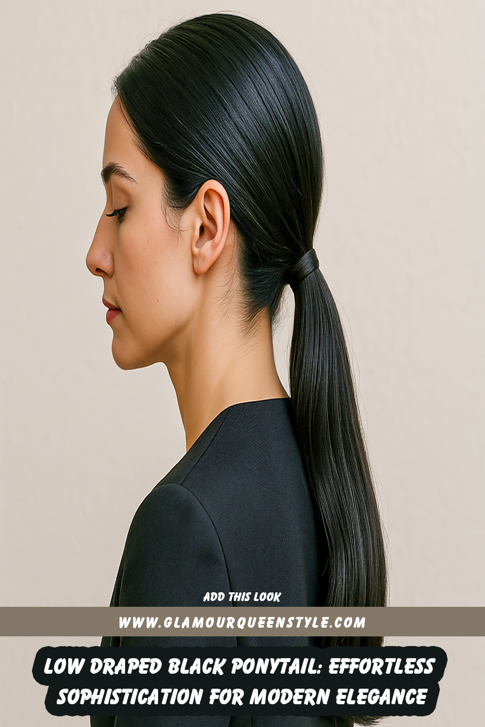 Woman wearing a smooth low draped black ponytail positioned at the nape of her neck, paired with understated makeup and a tailored outfit for a sophisticated appearance.