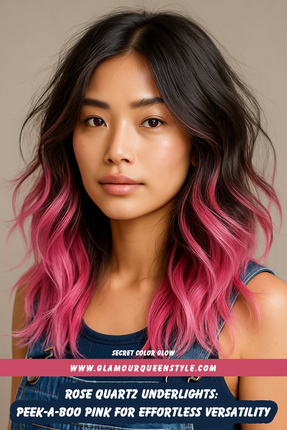 Person revealing soft rose quartz pink underlights tucked discreetly beneath darker hair; styled to showcase hidden color accents paired with modern minimalist fashion.