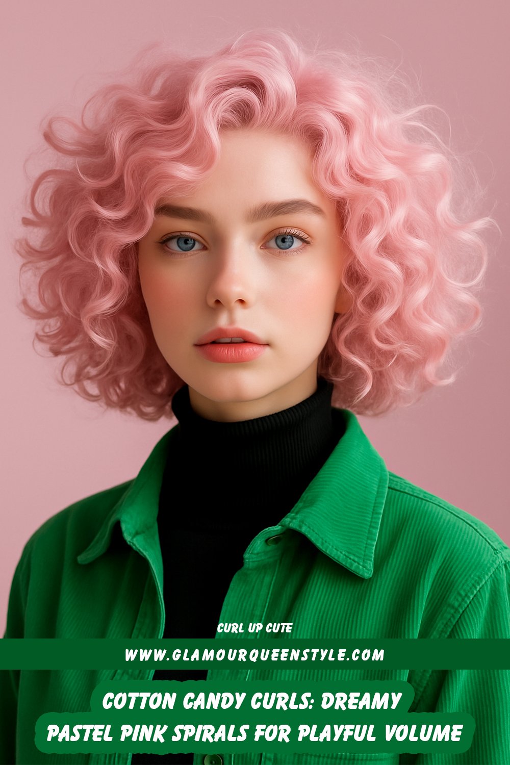 Person flaunting bouncy, pastel pink cotton candy curls on mid-length hair; paired with girlish fashion accents like tulle or soft-toned accessories.