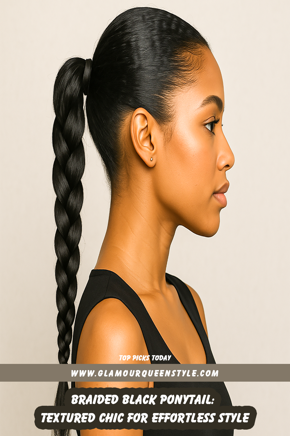 Woman featuring a textured braided black ponytail secured at the base, styled alongside elegant makeup and trend-forward outfit choices for a chic appearance.