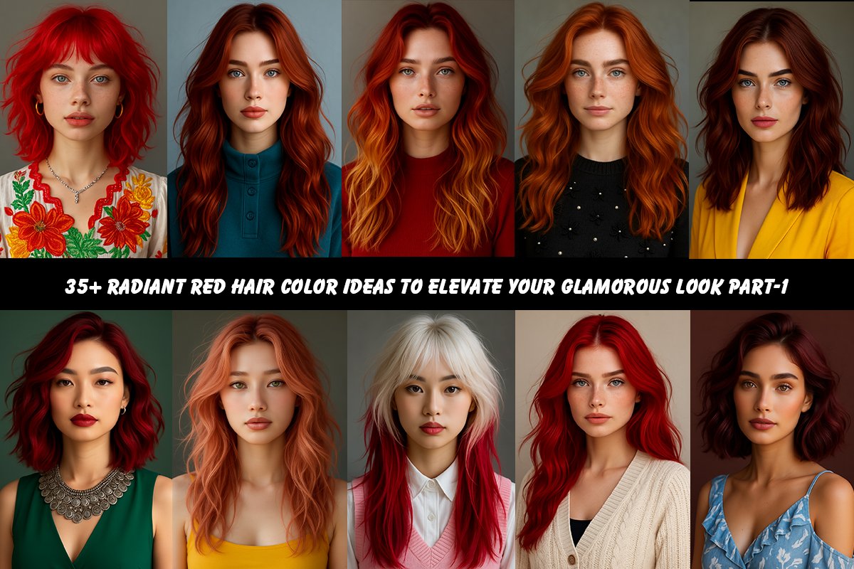 Collage of women with different red hair shades—copper, burgundy, cherry red, strawberry blonde, mahogany, and rose gold—styled in waves, ombrés, and bobs.