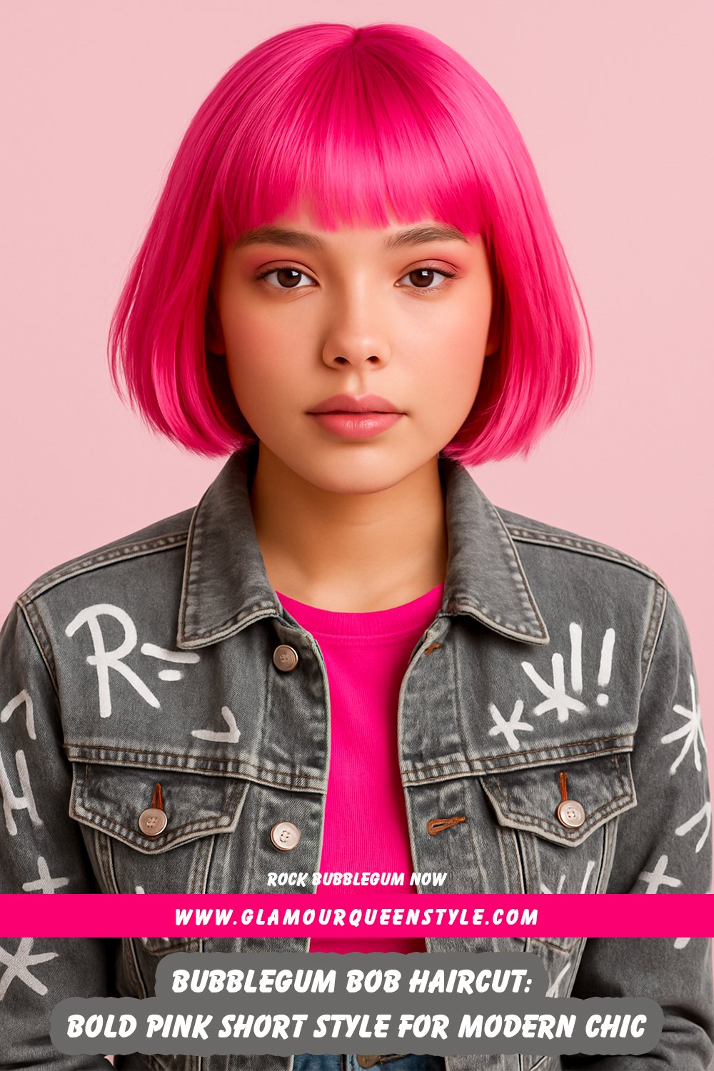 Person wearing a bright bubblegum pink bob haircut; short style frames the face boldly, paired with minimal makeup and coordinated stylish clothing.