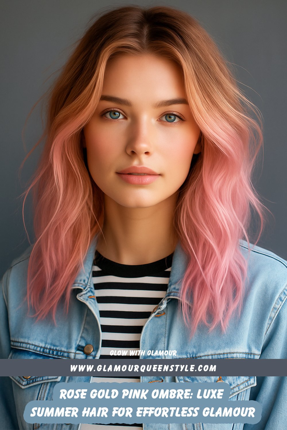 Beauty headshot of an adult North American or European woman wearing a black-and-white striped crewneck t-shirt layered under a light blue denim jacket and accessorized with a simple clear necklace; her hair features elegant rose gold pink ombre transitioning from warm golden roots to blush-pink tips.