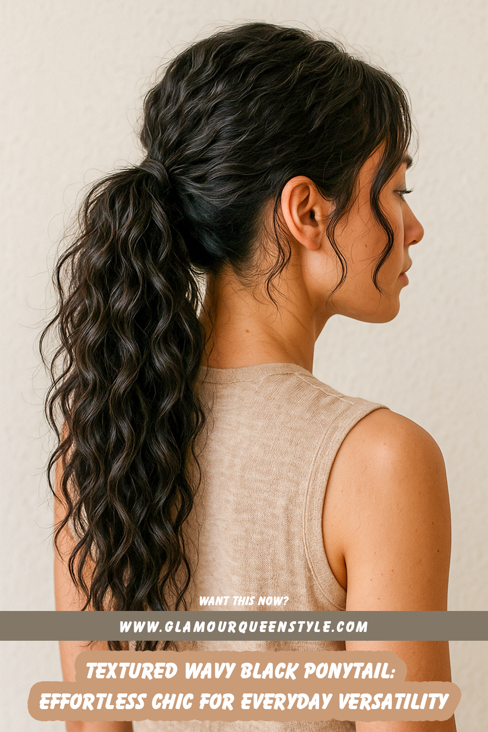 Woman sporting a textured wavy black ponytail styled with loose waves, paired elegantly with simple makeup and casual-chic outfit choices for an effortlessly stylish vibe.