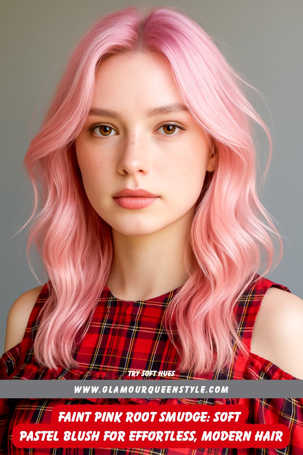 Person showcasing faint pink root smudge blending softly from pastel roots into light mid-lengths; styled with effortless waves and coordinated minimalist fashion.