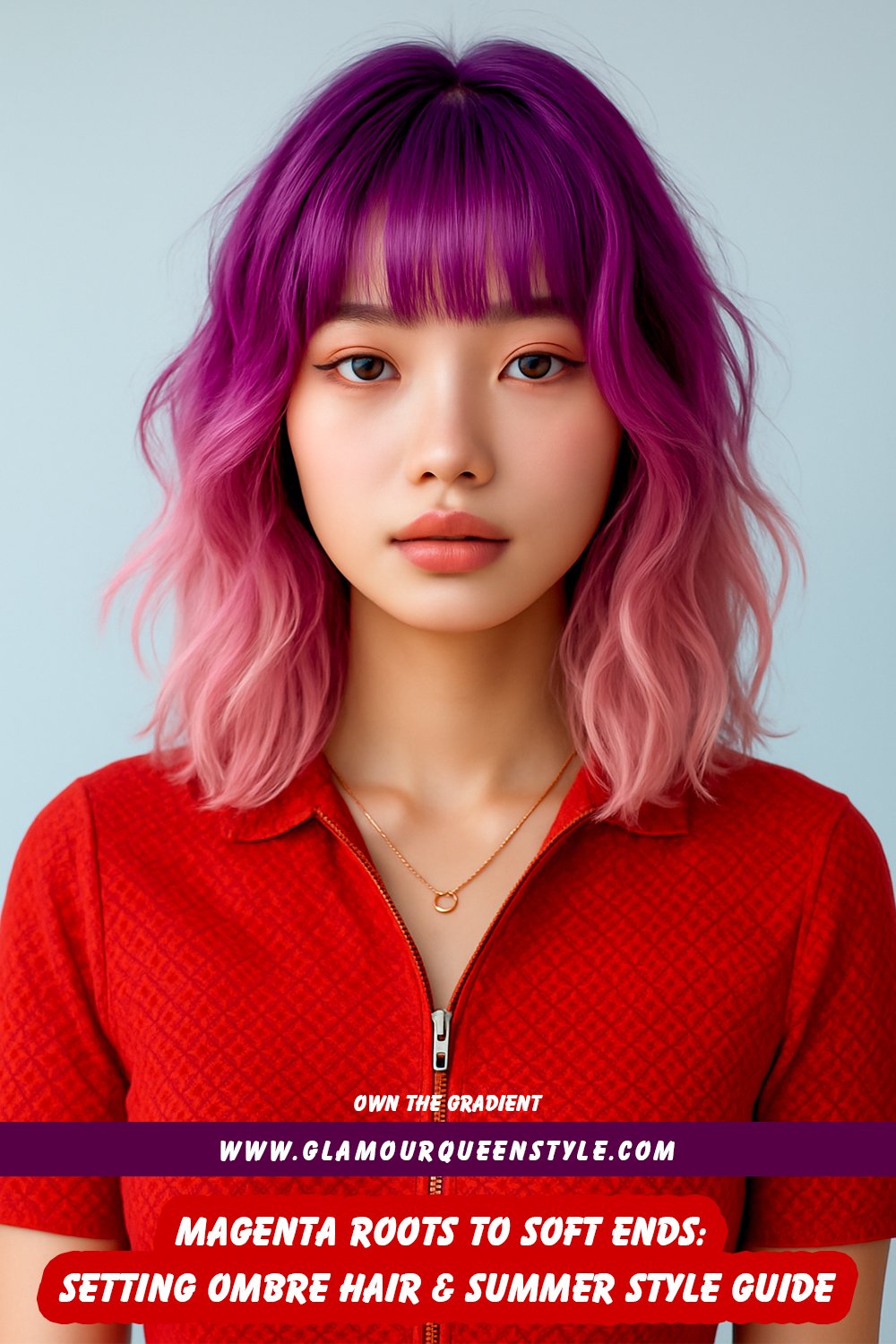 Beauty headshot of an adult North American or European woman showcasing bold magenta roots fading smoothly into soft pink ends in gently layered waves; paired with glowing makeup and a crisp white linen blouse.