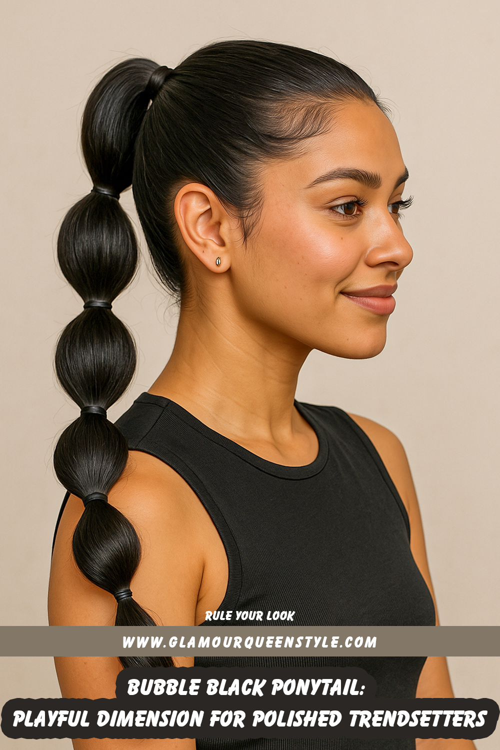 Woman wearing a segmented bubble black ponytail featuring distinct rounded sections along the length, paired stylishly with modern makeup and trend-forward attire.