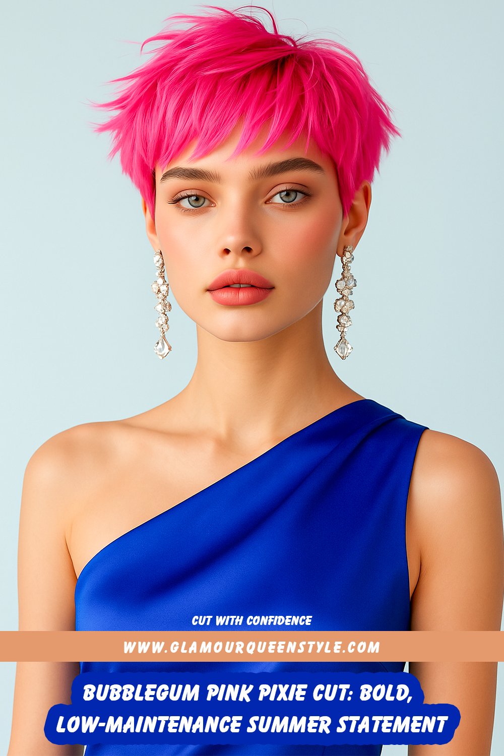 Beauty headshot of an adult North American or European woman rocking a bright bubblegum pink pixie cut; styled with glowing skin and either black leather moto jacket or classic white tee.