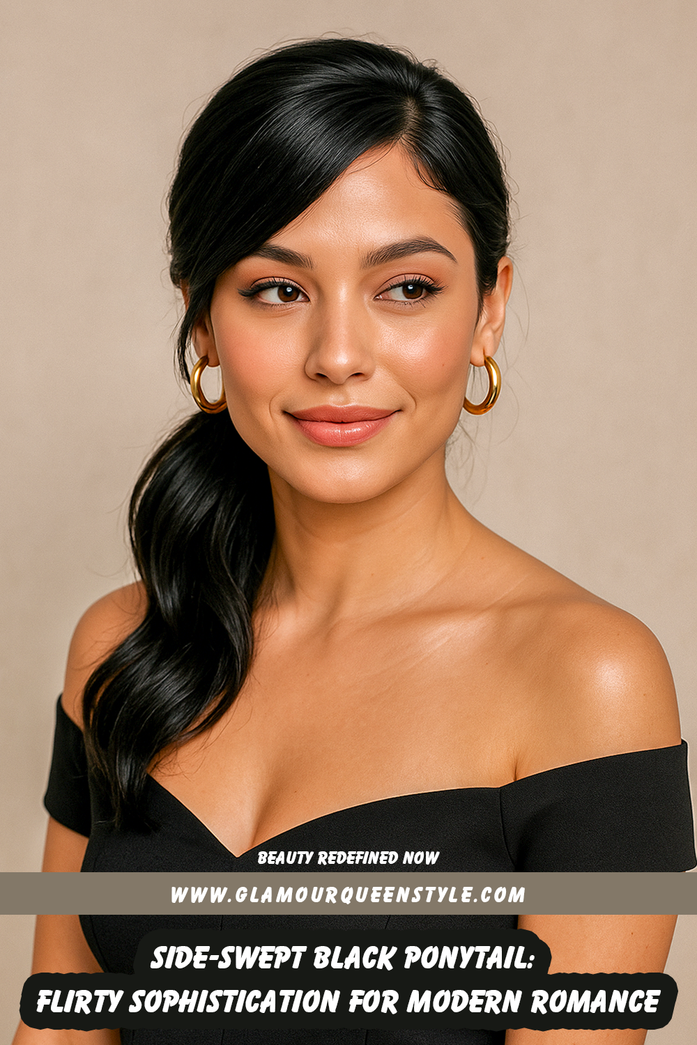 Woman wearing a smooth side-swept black ponytail draped over one shoulder, styled alongside soft makeup and fashionable attire for a modern romantic appearance.