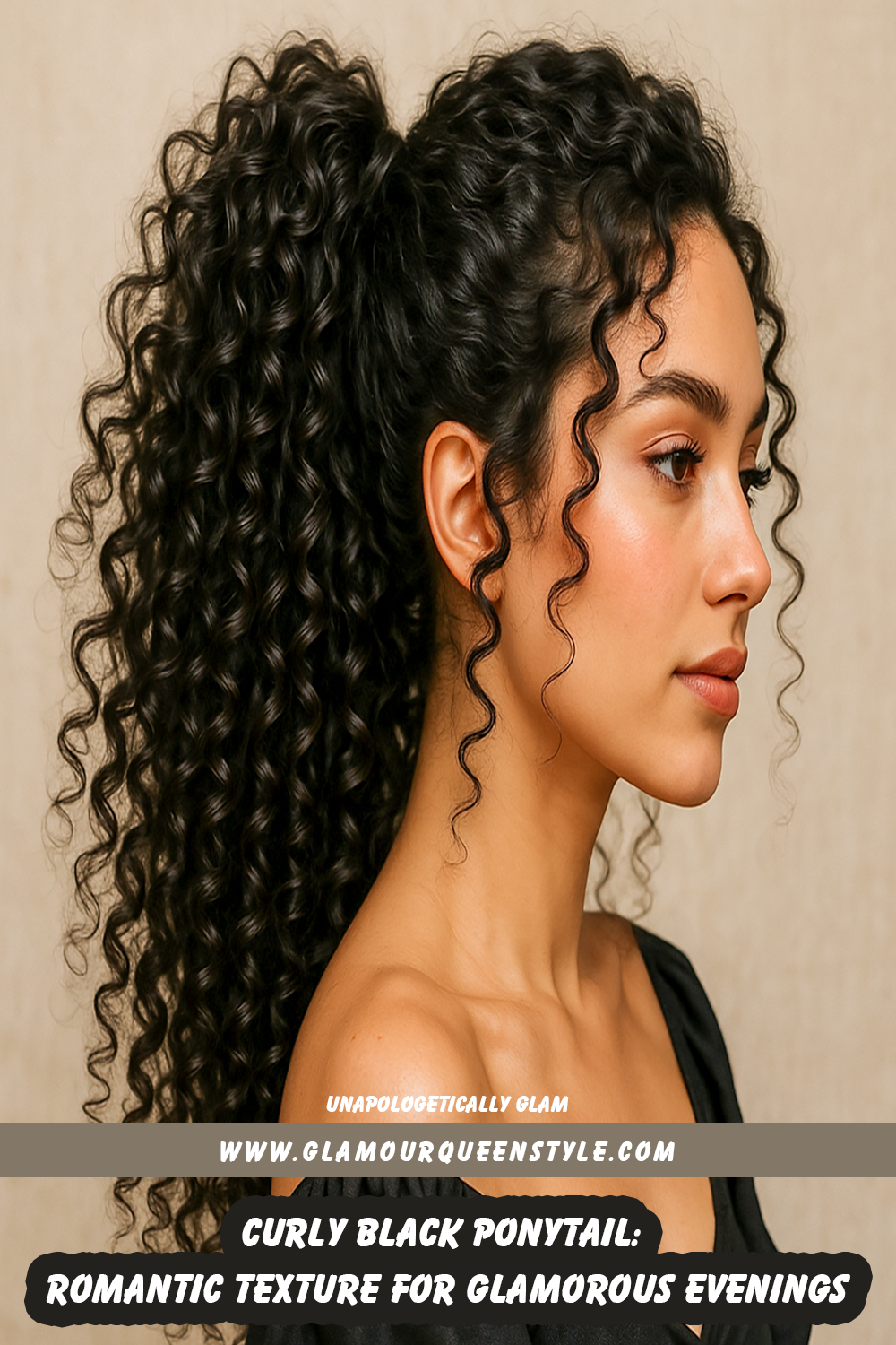 Woman wearing a voluminous curly black ponytail styled at mid-height, featuring defined curls cascading down her back paired beautifully with glowing makeup and sophisticated attire.