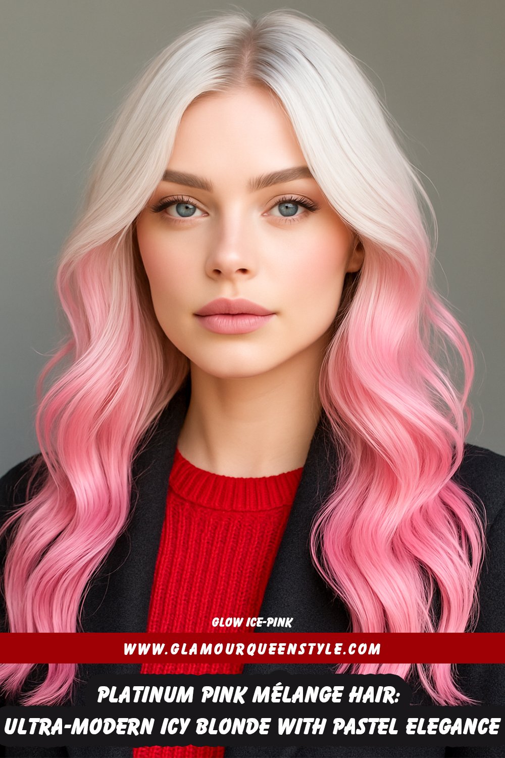 Person showcasing sleek or textured near-white platinum blonde hair blended seamlessly with subtle pastel pink highlights, styled alongside modern fashion choices.