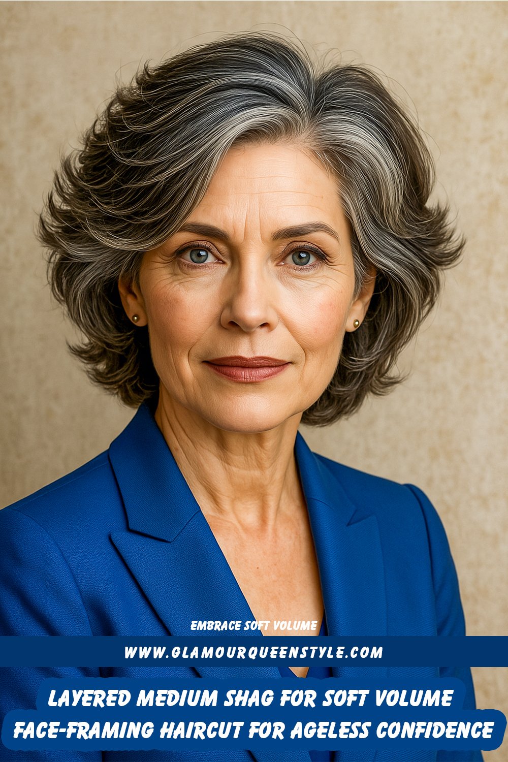A woman displays an effortless layered medium shag haircut featuring tousled layers framing her cheekbones; she wears natural glowing makeup and coordinates her outfit with an elegant neutral-toned top.