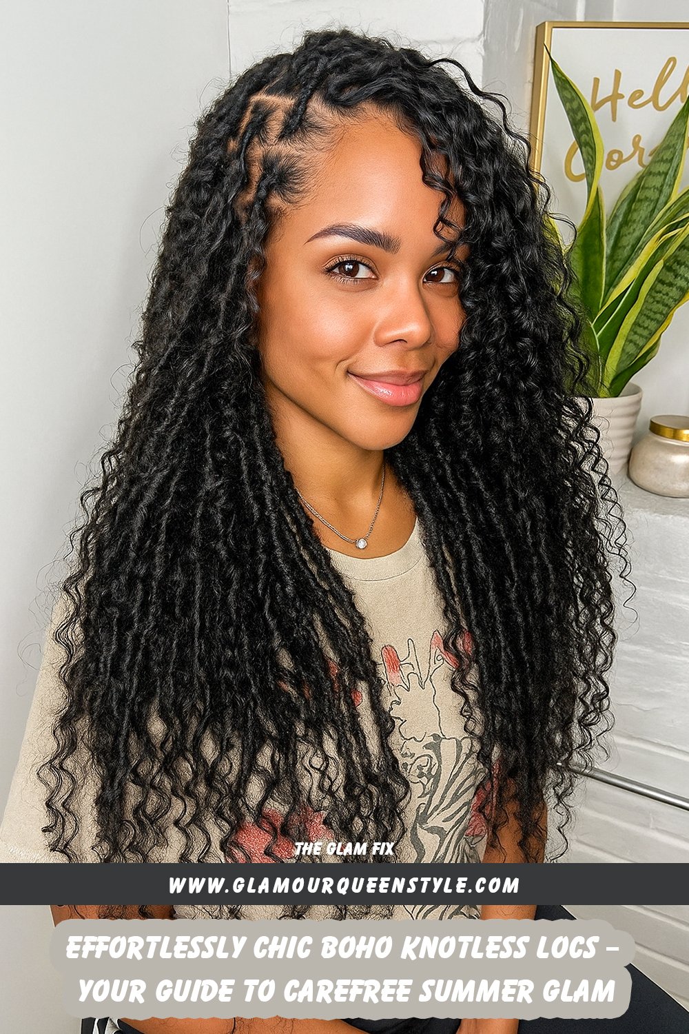 Woman wearing long boho knotless locs styled in loose, wavy coils; her hair looks naturally full and voluminous with a soft, effortless finish that enhances her glowing summer look paired with casual-chic attire.