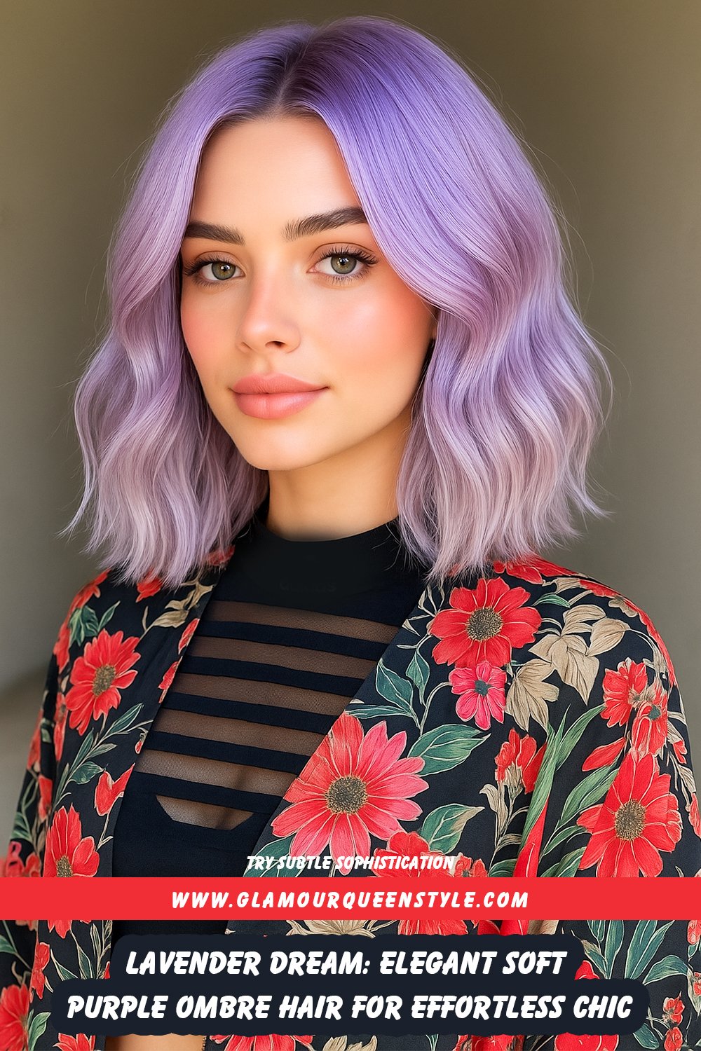 Woman with long hair styled in a seamless lavender-to-platinum ombre, showcasing soft waves; her subtle glam makeup and minimalist cream-toned outfit complete the chic look.