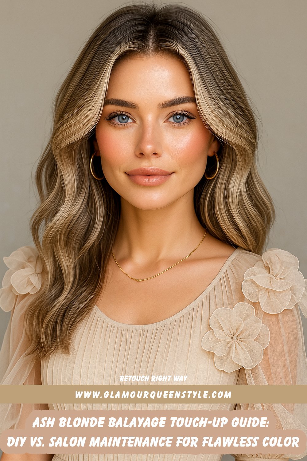A woman maintains her ash blonde balayage using both professional techniques and DIY touch-ups; her smooth hair transitions seamlessly from roots to ashy ends while modern beauty details and smart-casual attire complete the confident look.
