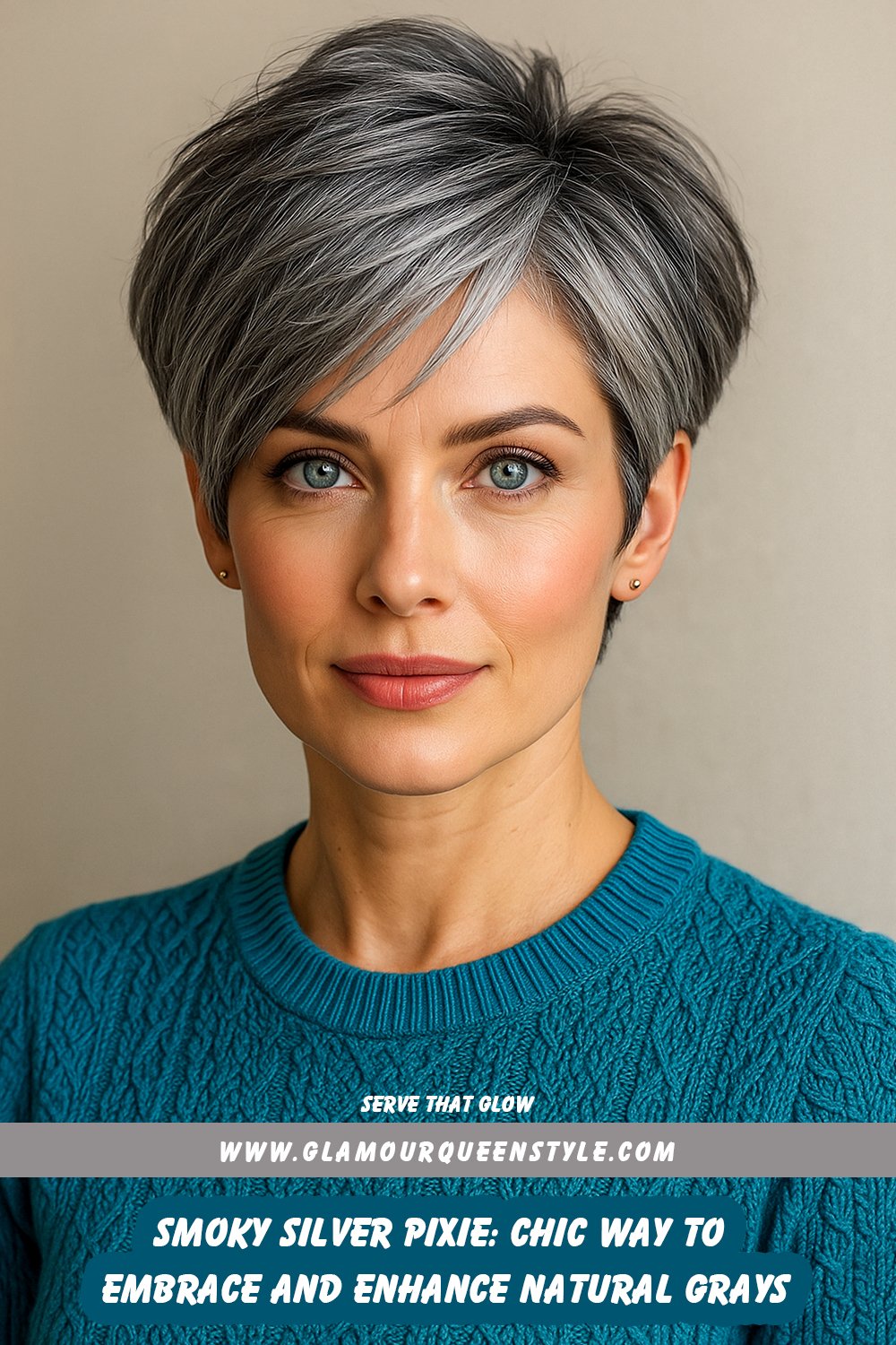 Close-up view of a woman’s very short smoky silver pixie haircut featuring blended gray tones across softly textured layers.