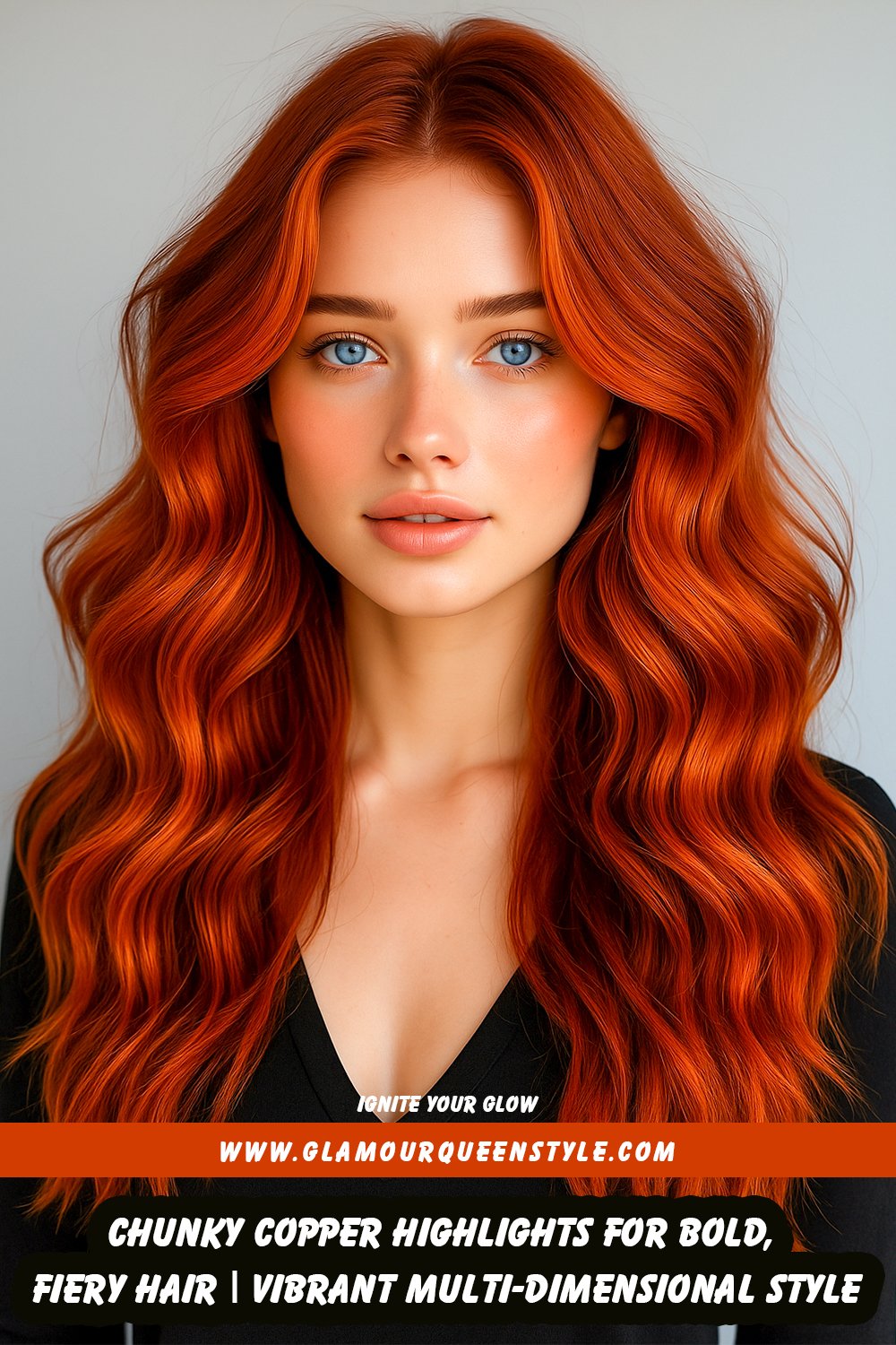 Woman with medium-length layered hair featuring chunky copper highlights blended into auburn and chestnut shades for a vibrant, dimensional appearance.