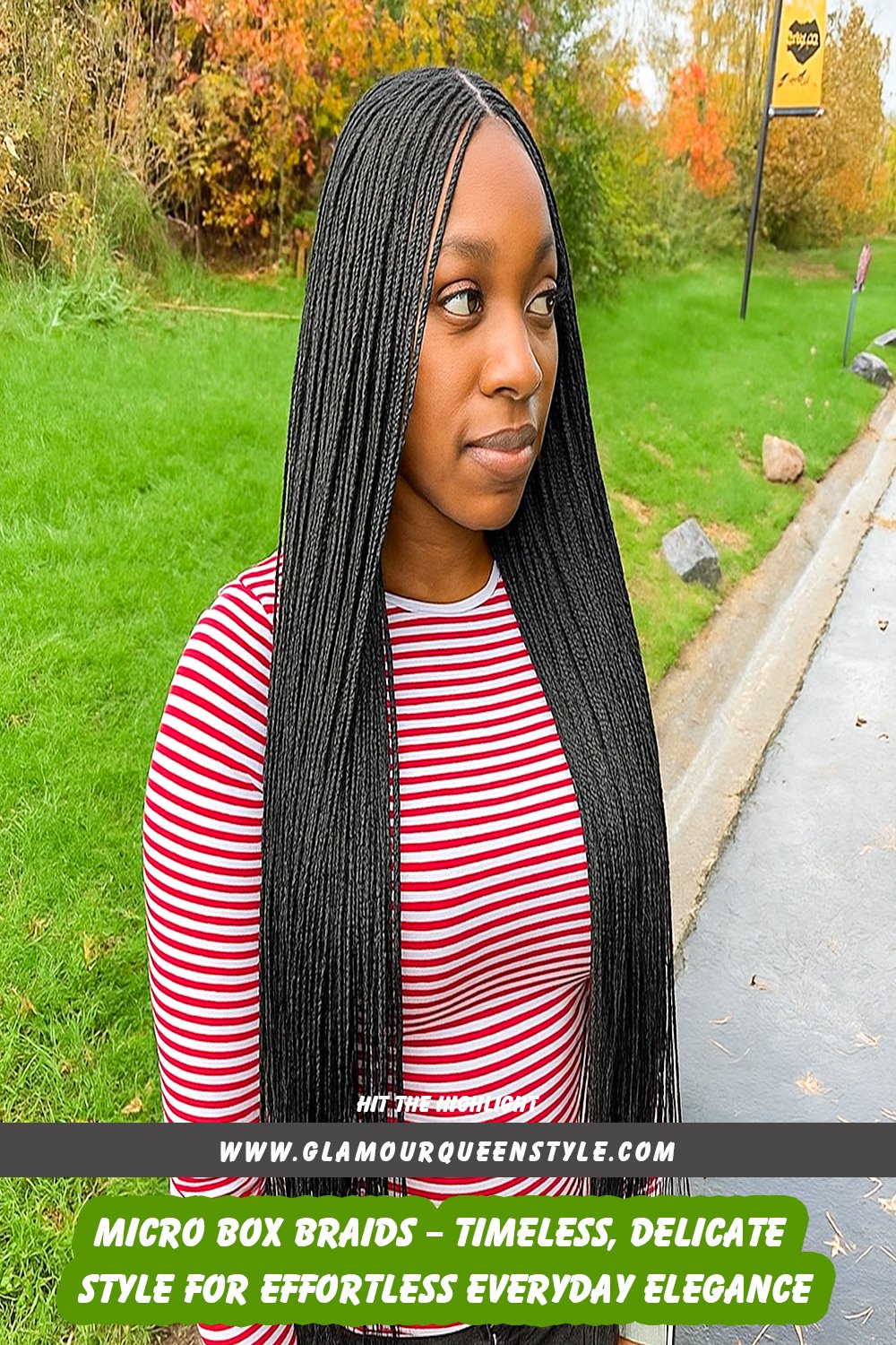 Woman styled in ultra-fine micro box braids reminiscent of iconic 90s looks; her elegant hairstyle blends naturally with classic fashion elements.
