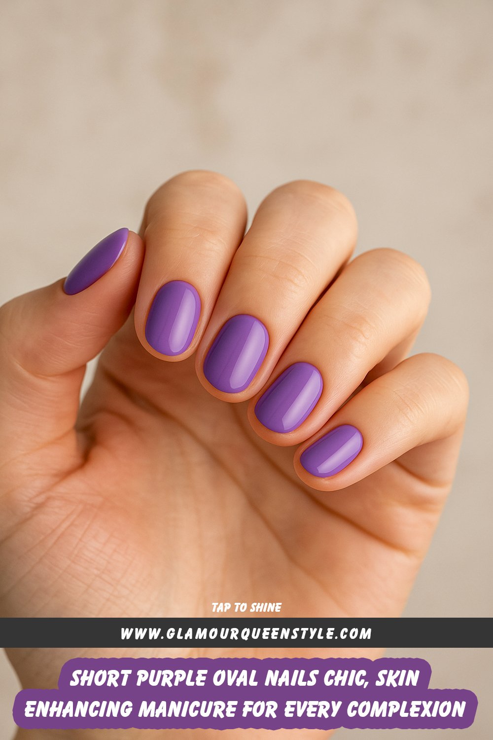 Close-up of hands with short, glossy purple oval-shaped nails; nail color enhances different skin tones naturally without decorations.