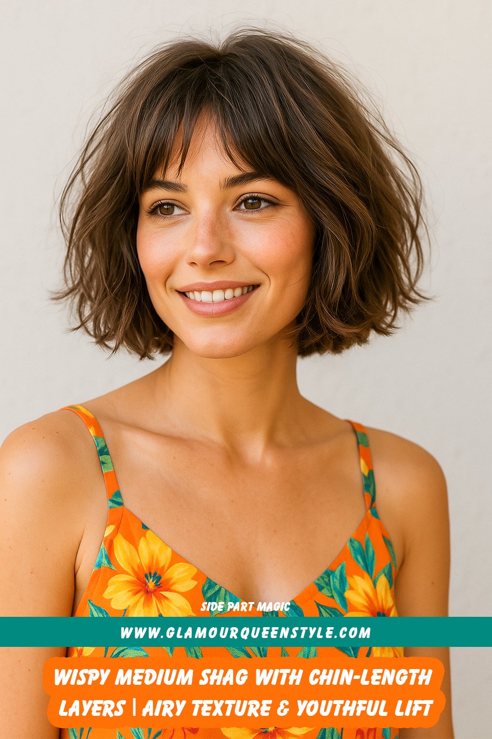 A woman sports a wispy medium shag haircut with chin-length layers framing her face; her soft textured hair is paired with radiant makeup and a crisp button-down shirt.