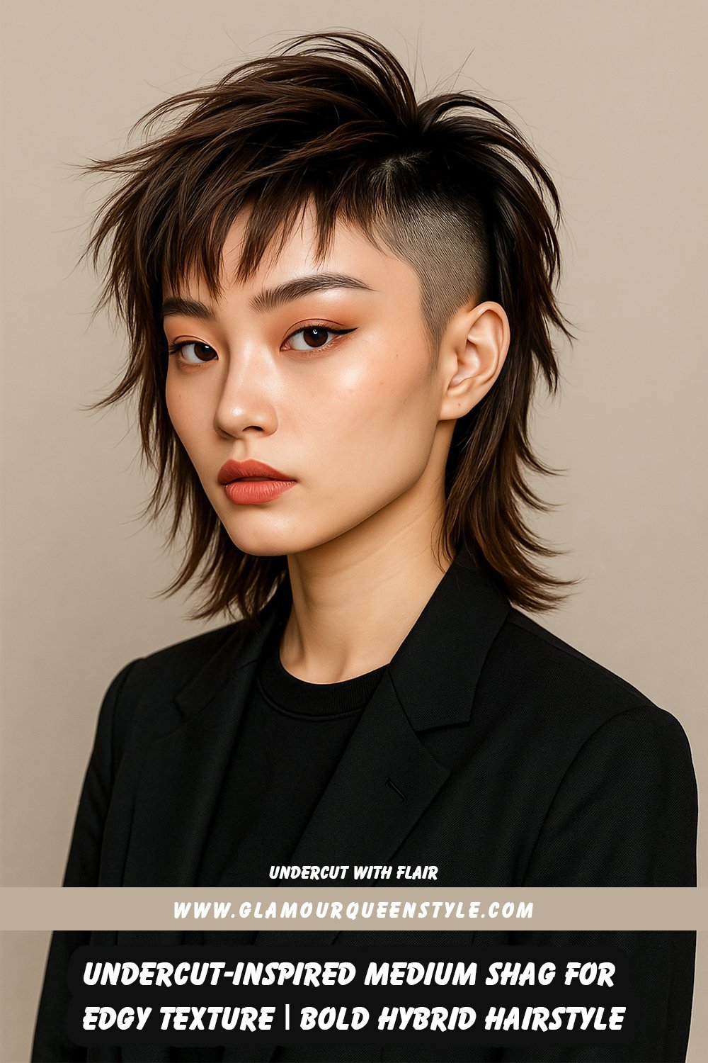 A woman sports an undercut-inspired medium shag; shaved nape contrasts dramatically with tousled layered hair on top, paired effortlessly with defined makeup and a chic leather jacket.