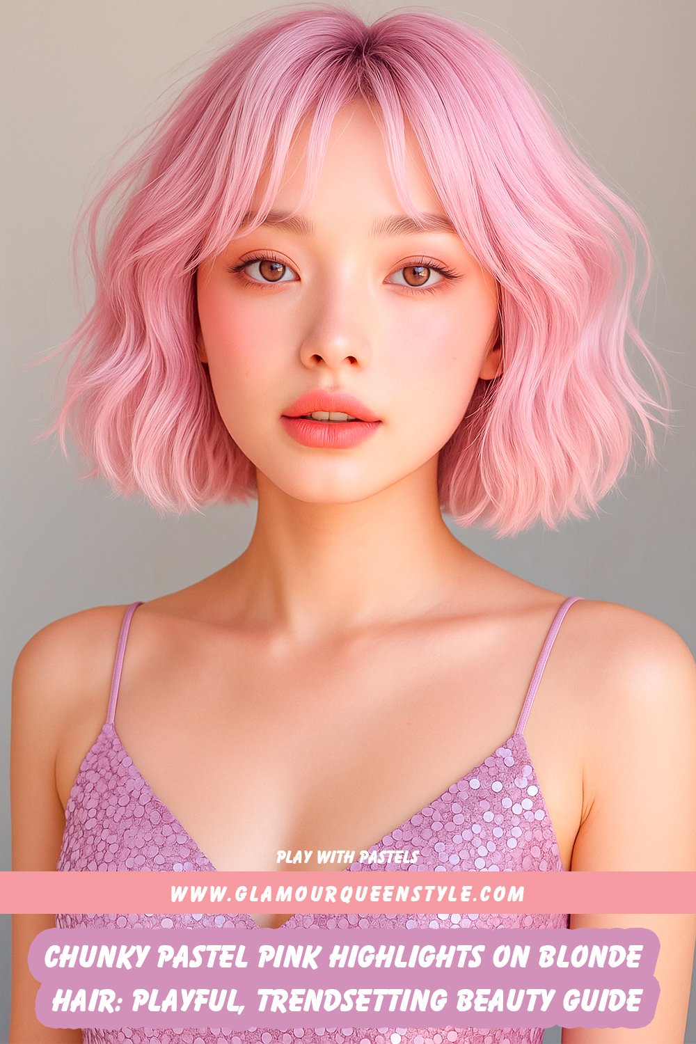 Close-up of long light blonde hair featuring chunky pastel pink highlights styled for a playful yet polished appearance; paired with glowing skin and coordinated soft-toned fashion.