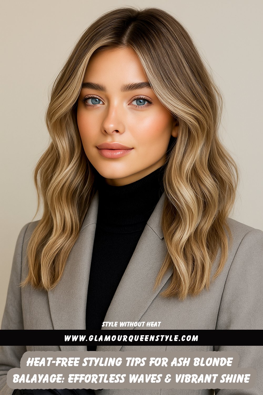 A woman showcases her glossy ash blonde balayage styled in soft waves using no-heat methods; her dimensional hair pops alongside fresh makeup details and a breezy linen blouse that completes the modern eco-conscious ensemble.