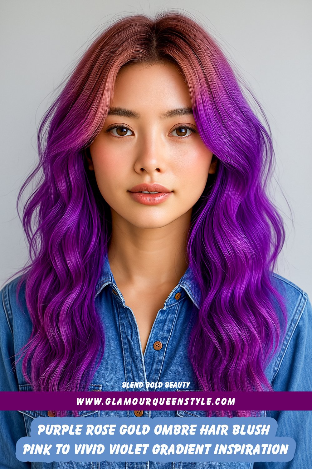 Person showcasing purple rose gold ombre hair featuring blush pink roots fading seamlessly into vivid violet ends; paired with glowing makeup and a coordinated stylish outfit.