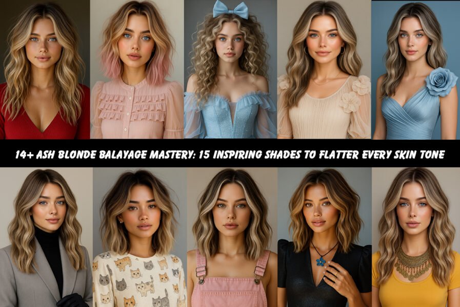 Woman with medium-length, multidimensional Ash Blonde Balayage hair styled in loose beachy waves; subtle face-framing highlights illuminate her features against a bright neutral backdrop.