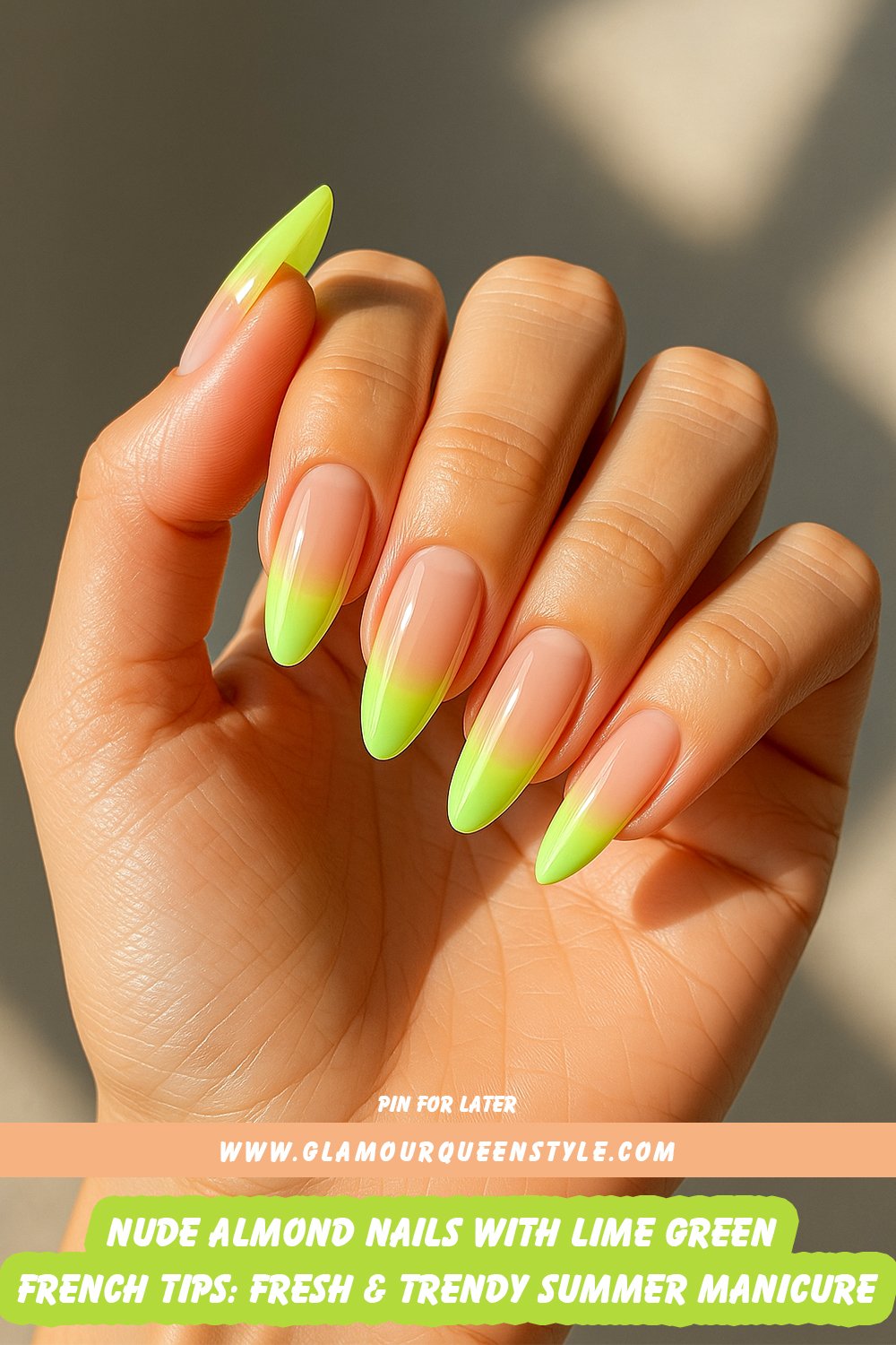 Glossy almond-shaped nails painted in soft nude shades with vibrant lime green French tips, offering a fresh, trendy summer manicure.