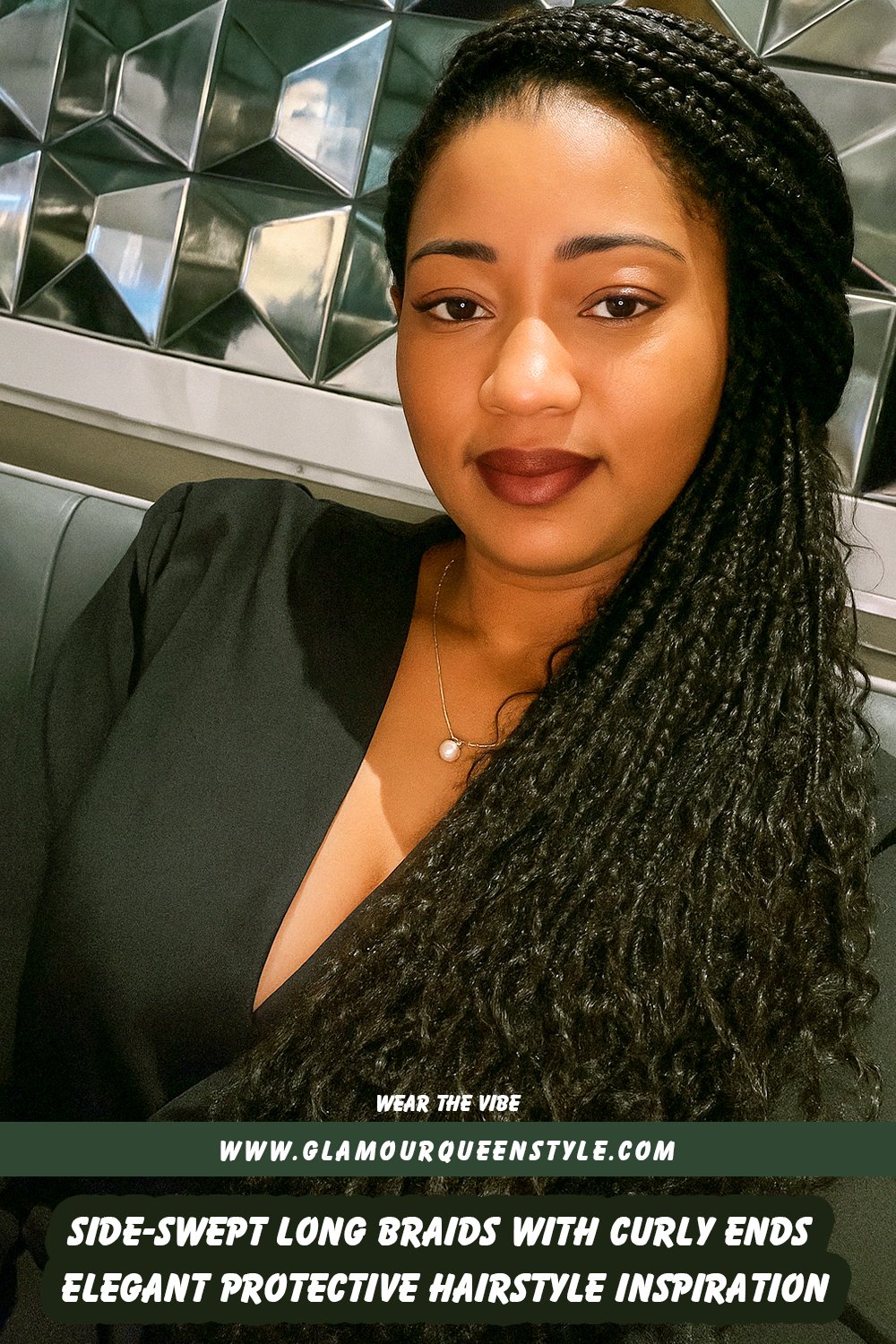 Long, thin braids swept gracefully to one side with curled ends, creating a voluminous yet refined hairstyle ideal for versatile occasions.