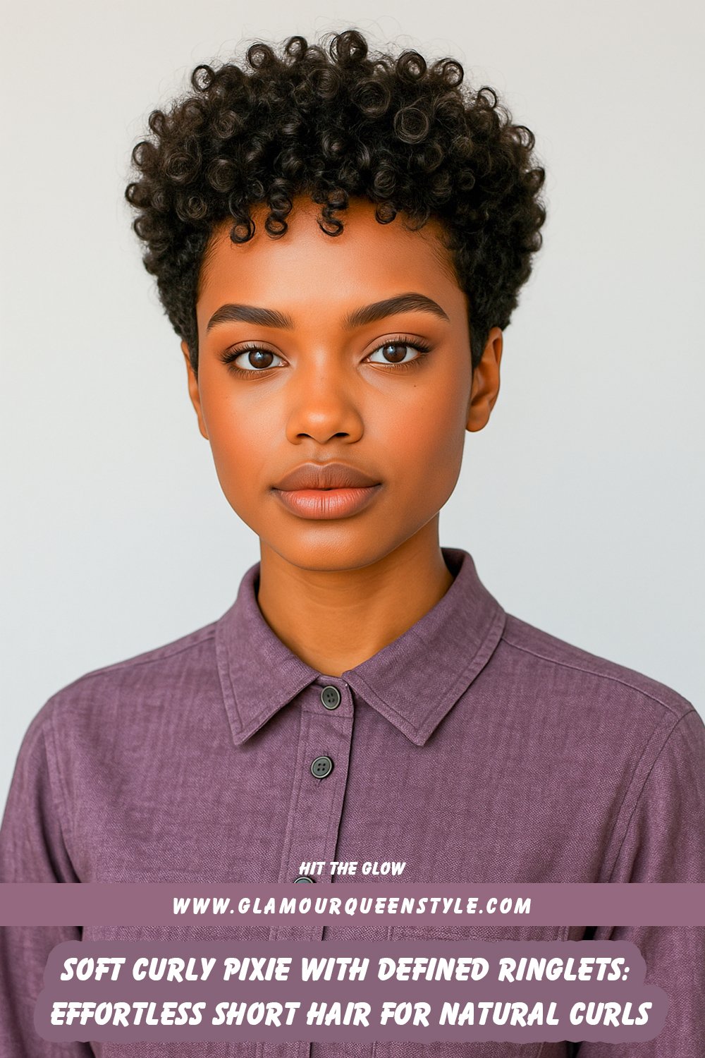 A woman wears a very short soft curly pixie haircut featuring defined ringlets styled closely around her head; she pairs it with subtle makeup and dainty jewelry for an effortlessly elegant look.