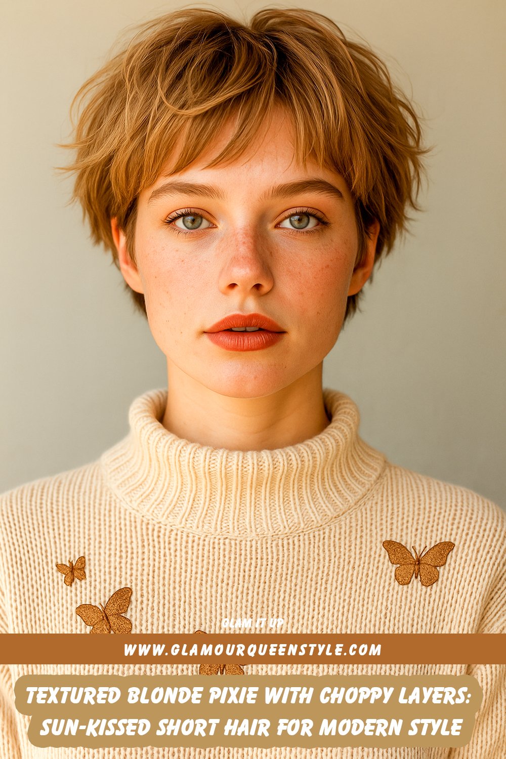 A woman sports a very short textured blonde pixie haircut featuring choppy layers enhanced by warm highlights at the crown; she completes her look with natural makeup and light summer fashion.
