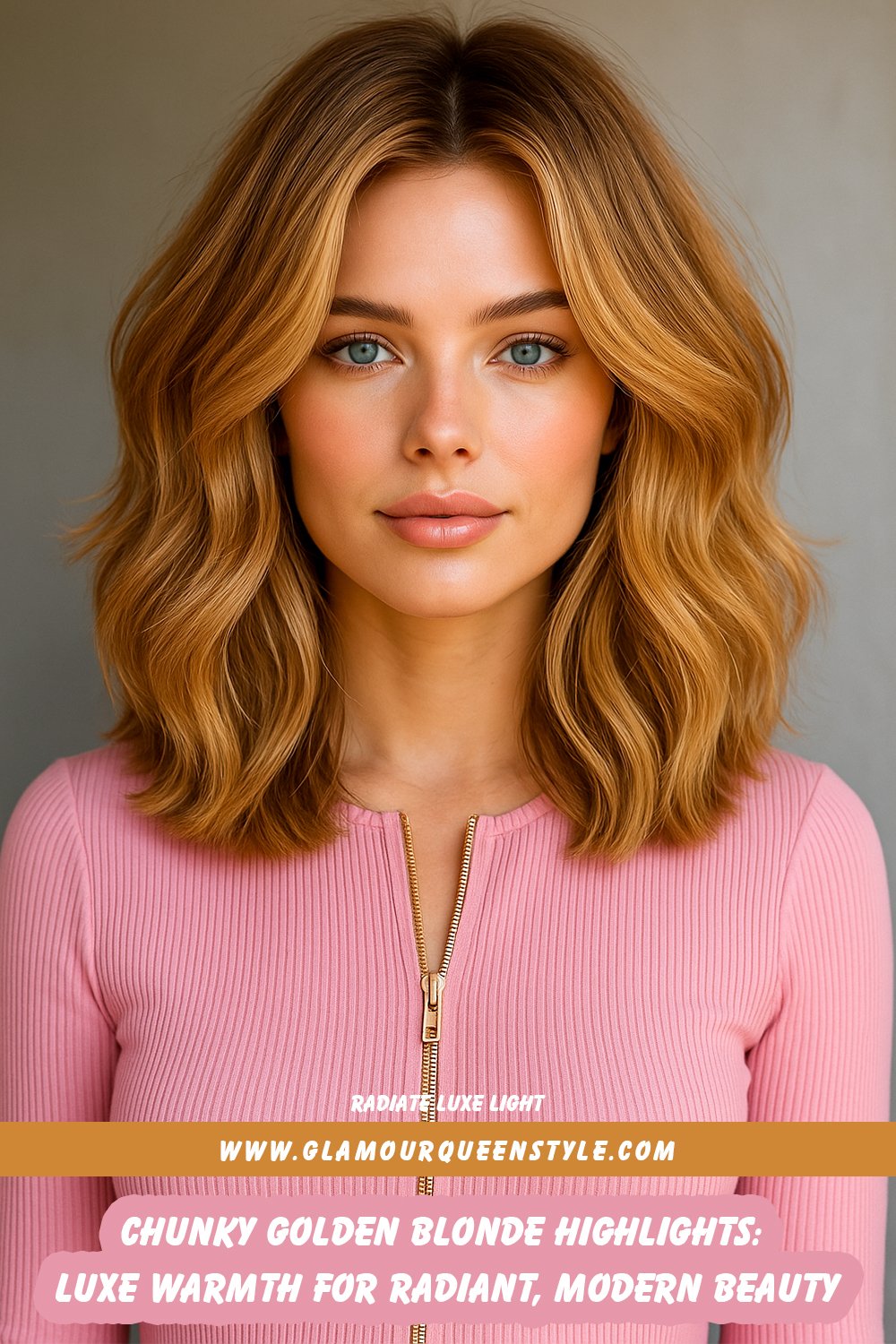 Wavy hair styled with chunky golden blonde highlights; worn above shoulders alongside a long-sleeve pink ribbed zip-neck top paired with a high-waisted mustard yellow mini skirt.