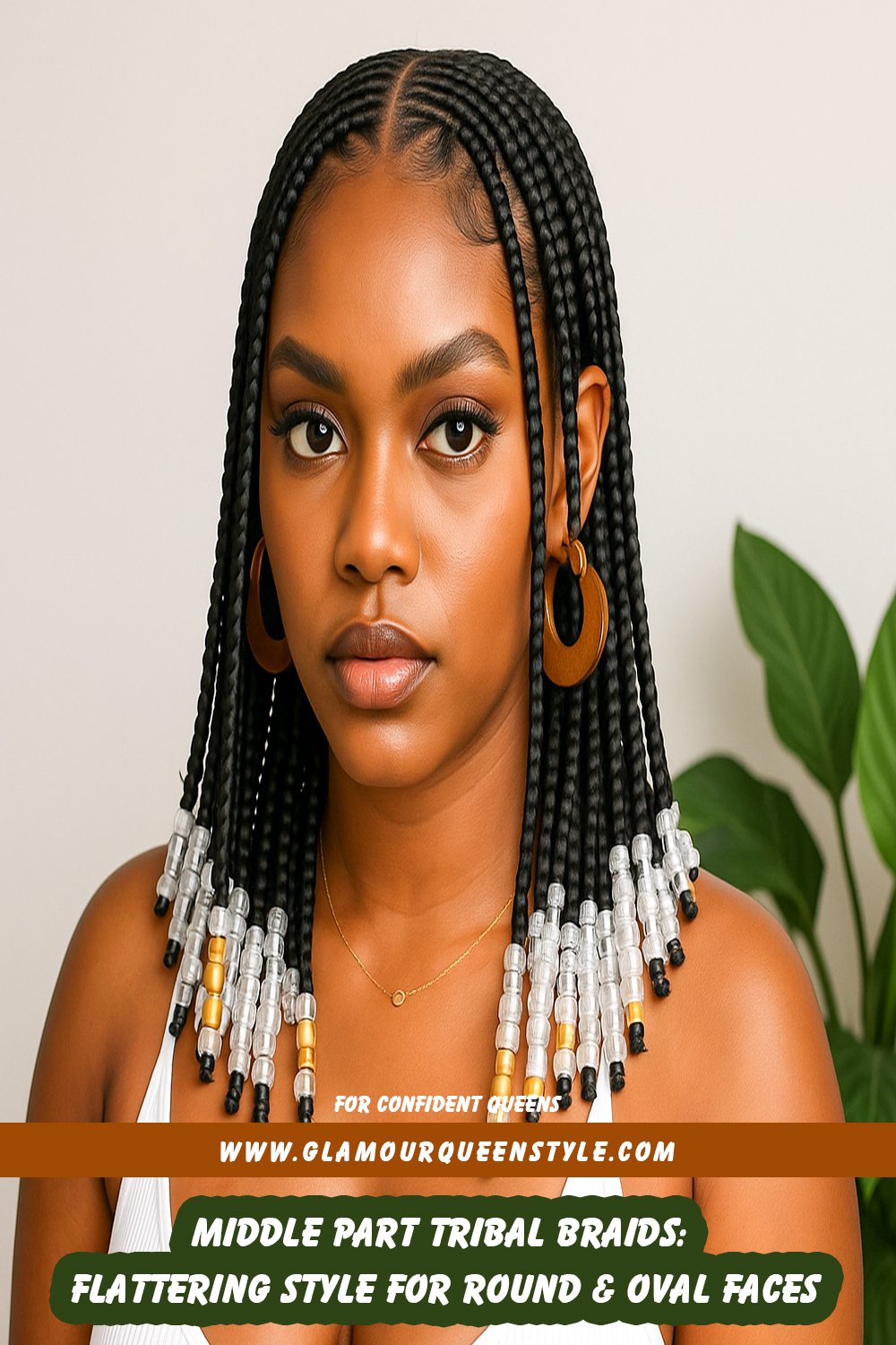 Woman wearing middle-parted tribal braids that fall in sleek long strands; ideal for highlighting round or oval faces and styled with chic accessories.