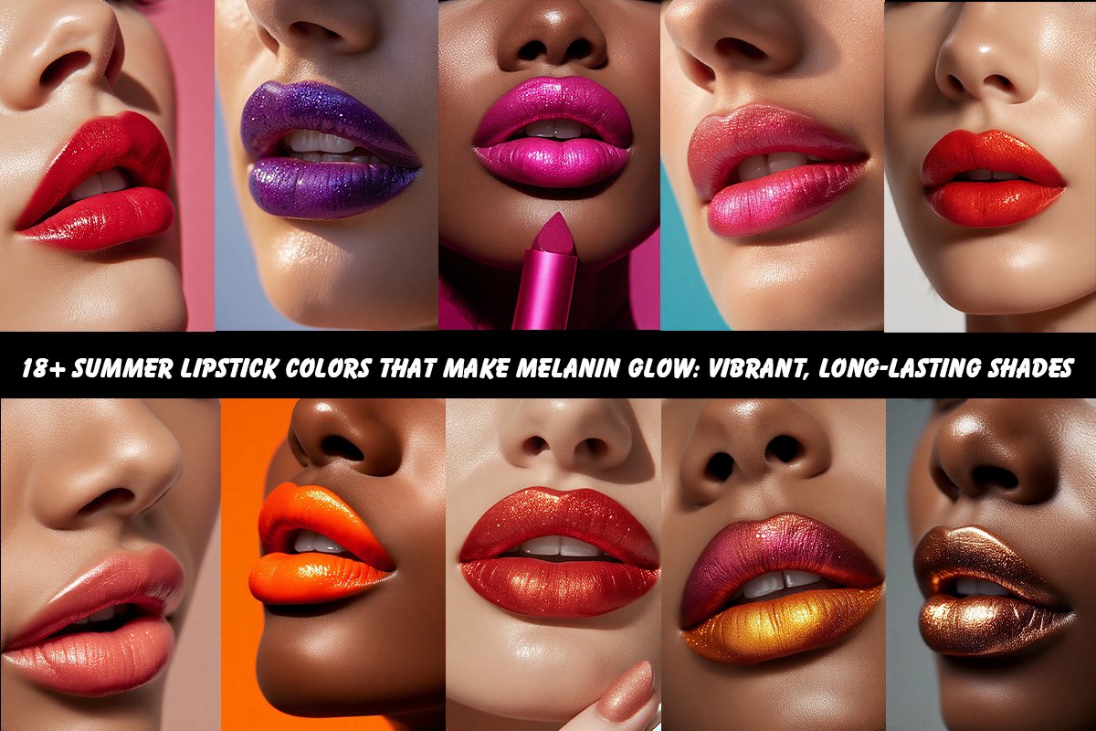 Four diverse women with deep complexions smiling outside at sunset while wearing vibrant tangerine-orange, fuchsia pink gloss, copper bronze shimmer, and brick red velvet lipsticks surrounded by soft-focus greenery.