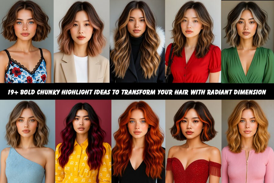 Collage of five women with trendy chunky highlights in various styles, including rose gold, golden blonde, silver, pastel pink, and espresso-champagne tones.