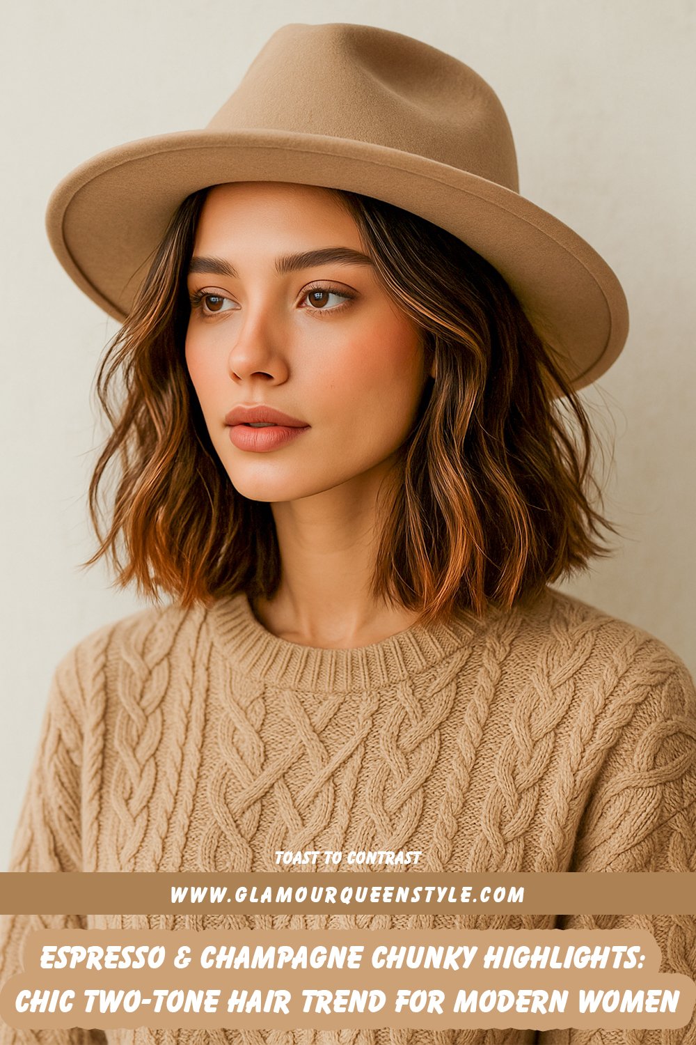 Woman showcasing voluminous hair styled in deep espresso tones blended with chunky champagne highlights; subtle facial-framing streaks soften her features for an elegant contrast.